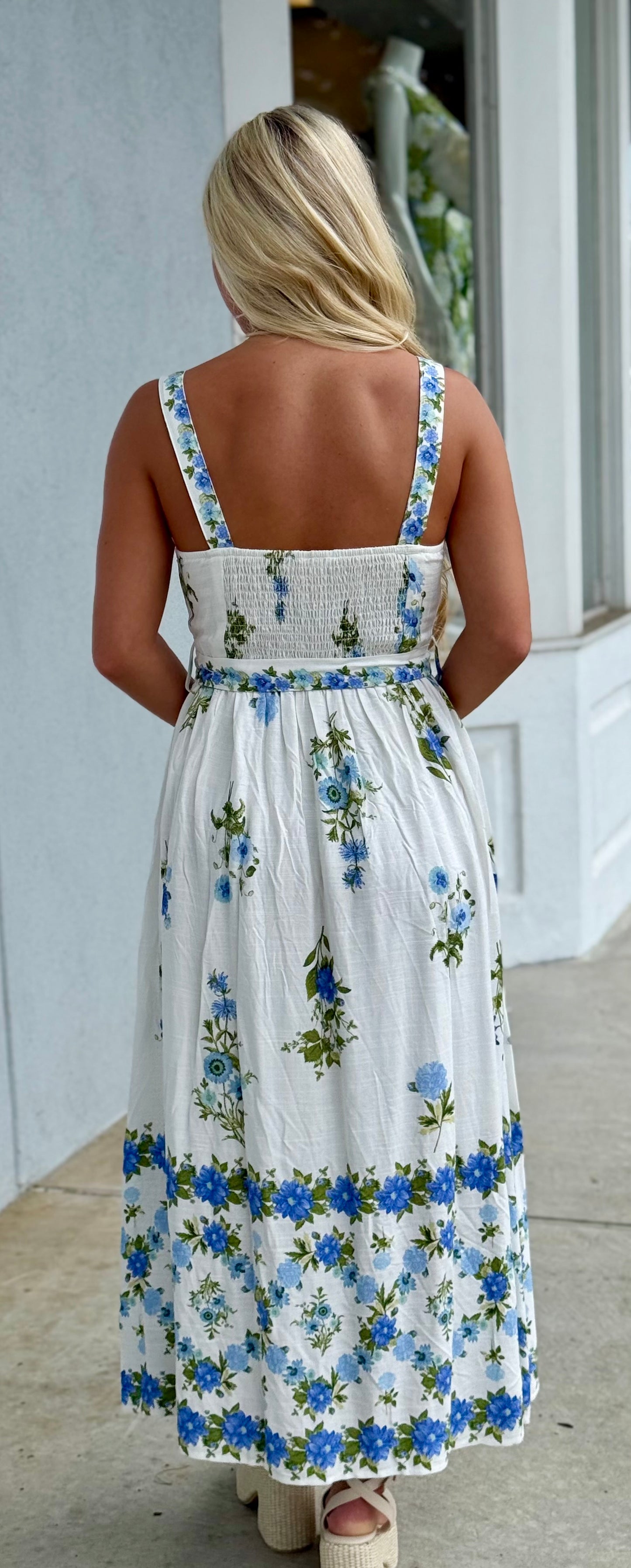 Blue Multi Floral Border Pattern Midi Dress