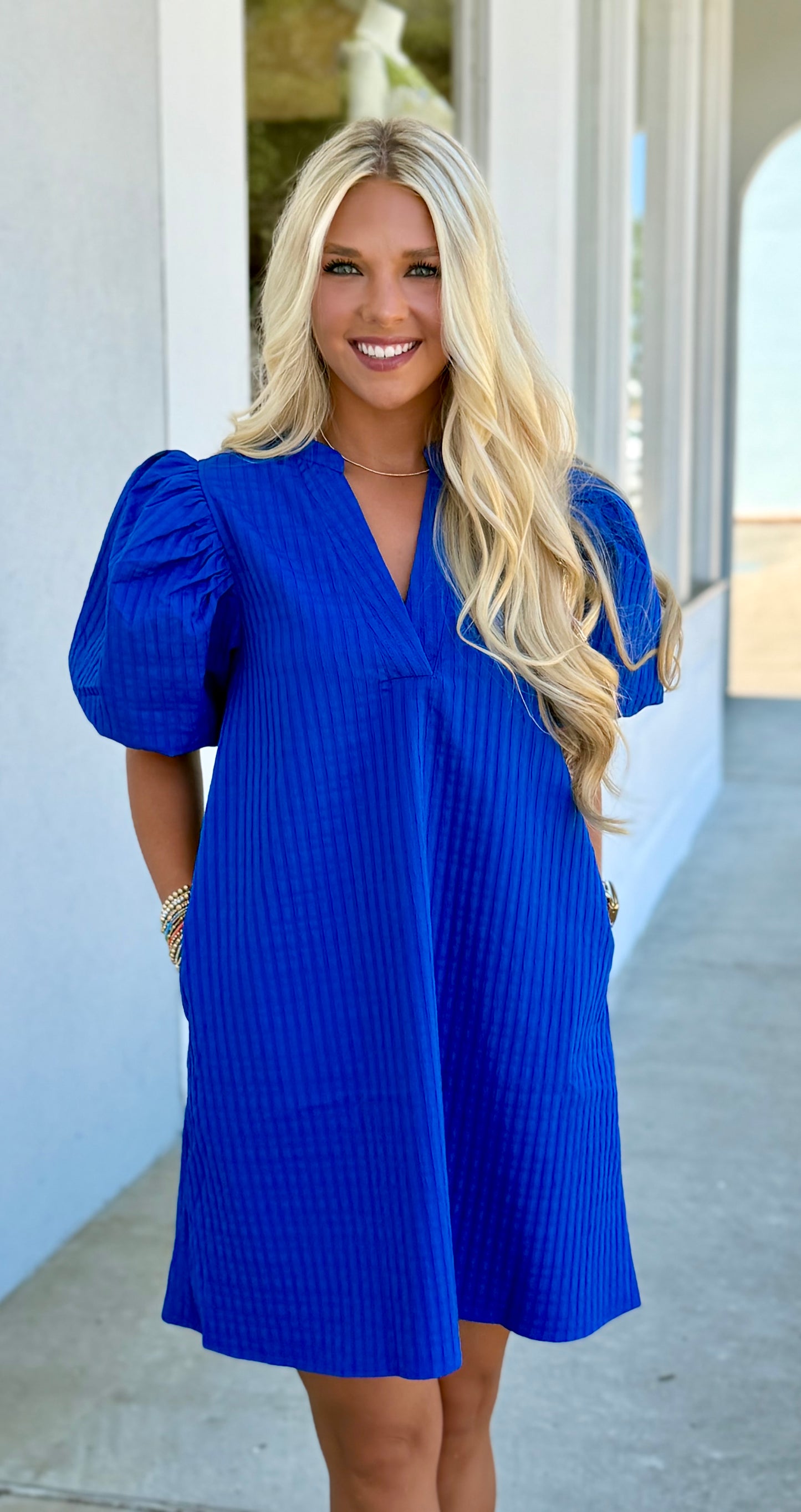 Royal Puff Sleeve V Neck Stitch Detail Dress