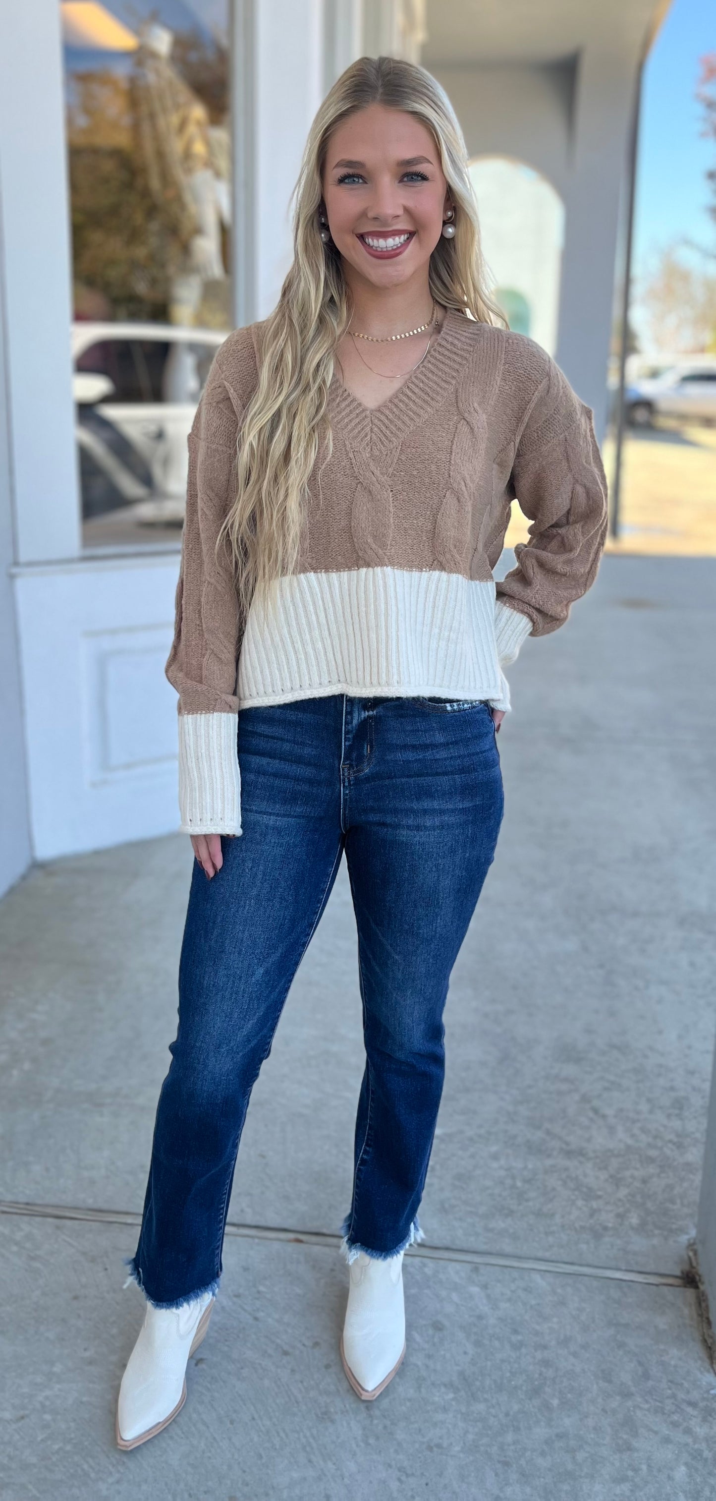 Mocha/Oatmeal Cable Knit Crop Sweater Top