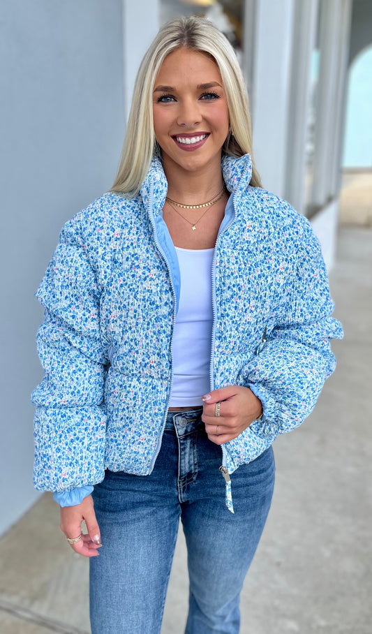 Blue Ditsy Floral Printed Puffer Jacket