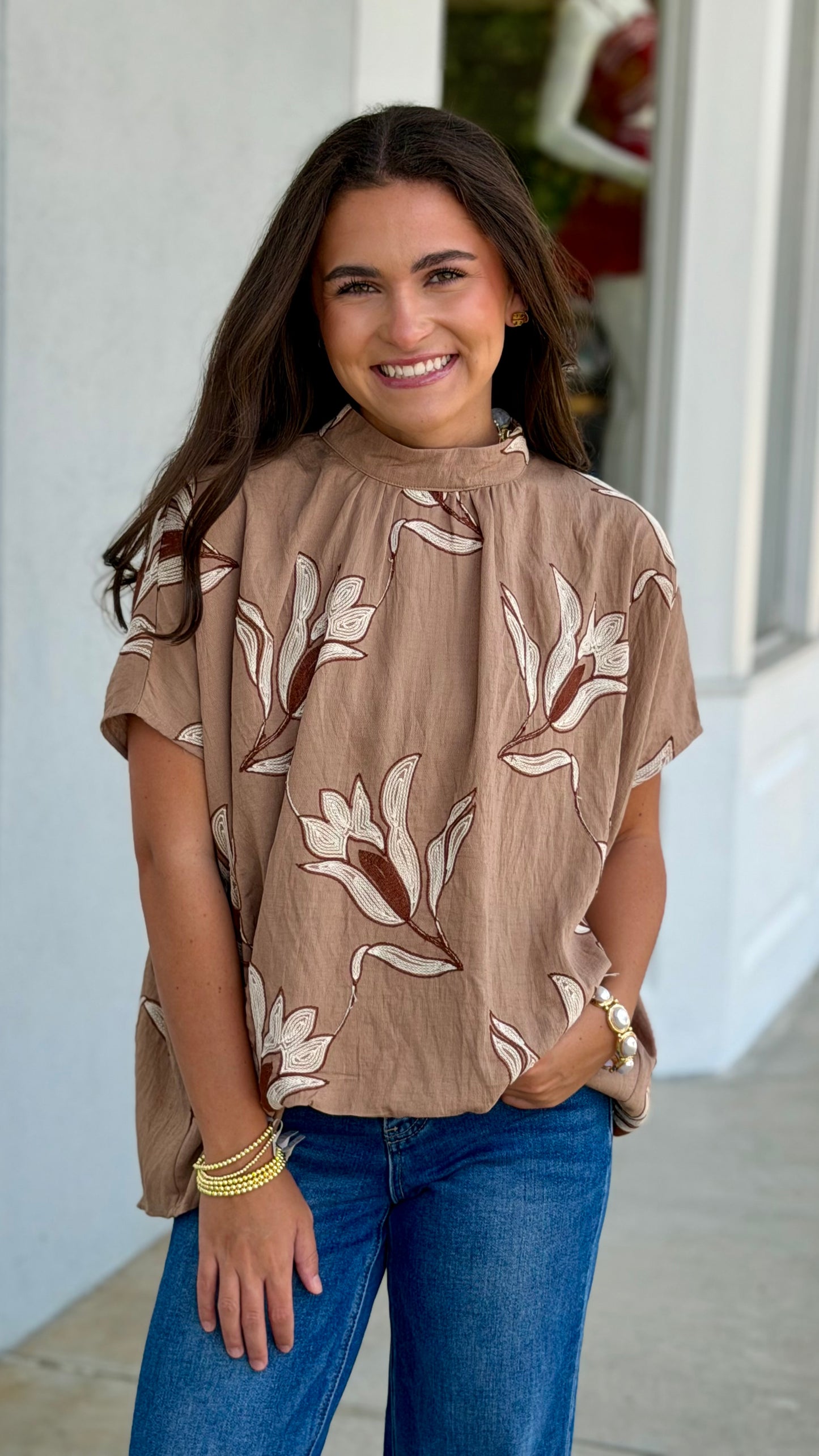 Taupe Floral Embroidered Blouse