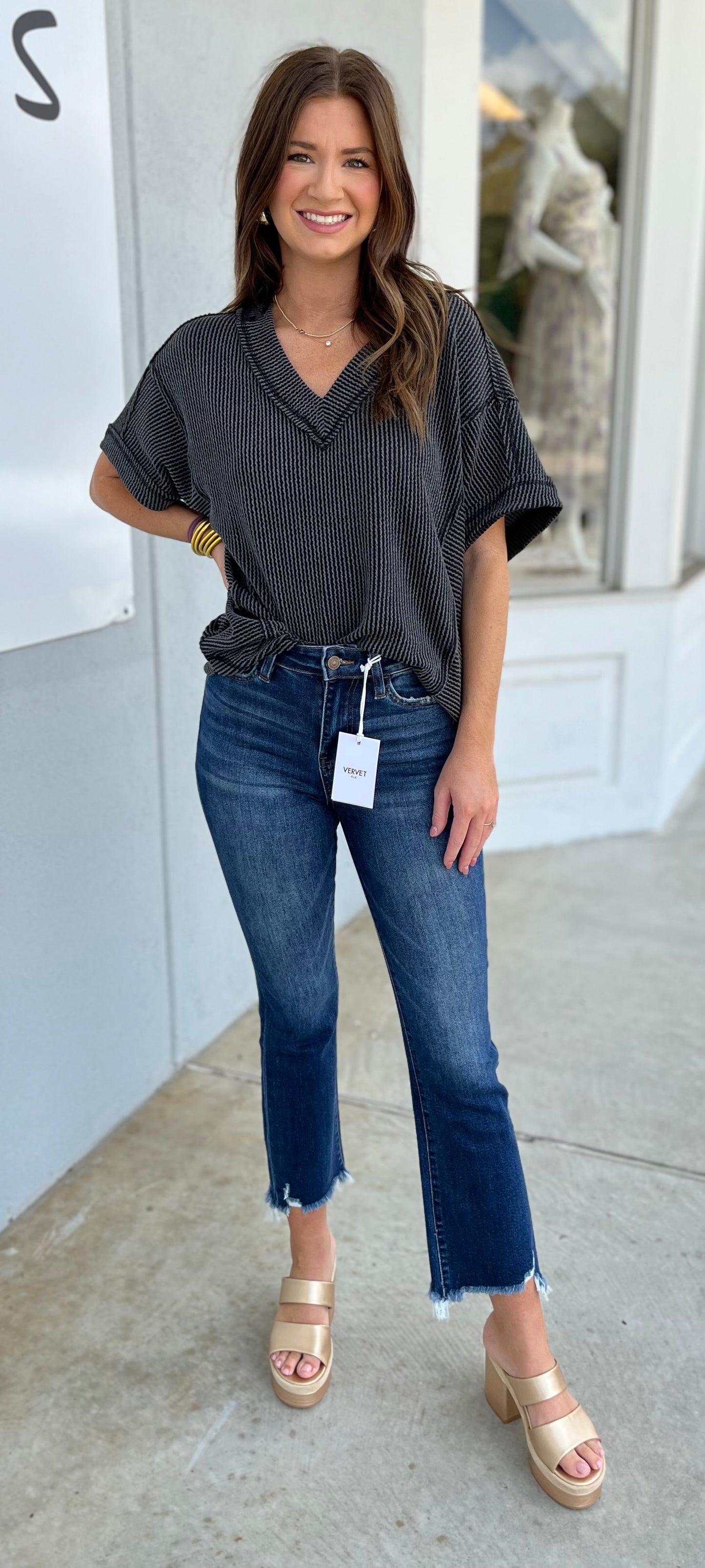 Ribbed Knit V Neck Top , Charcoal