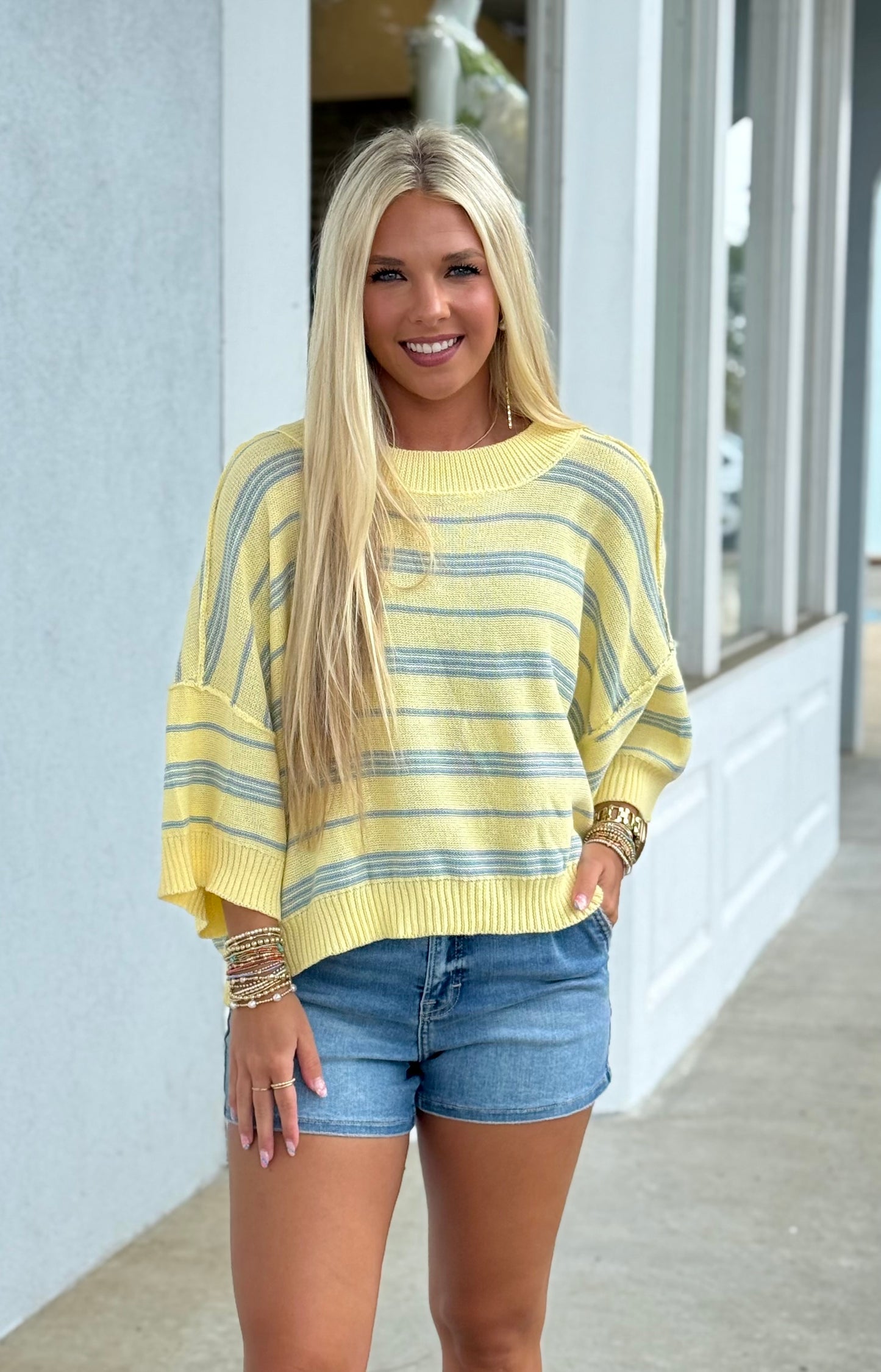 Lemon Drop/Blue Boxy Stripe Sweater