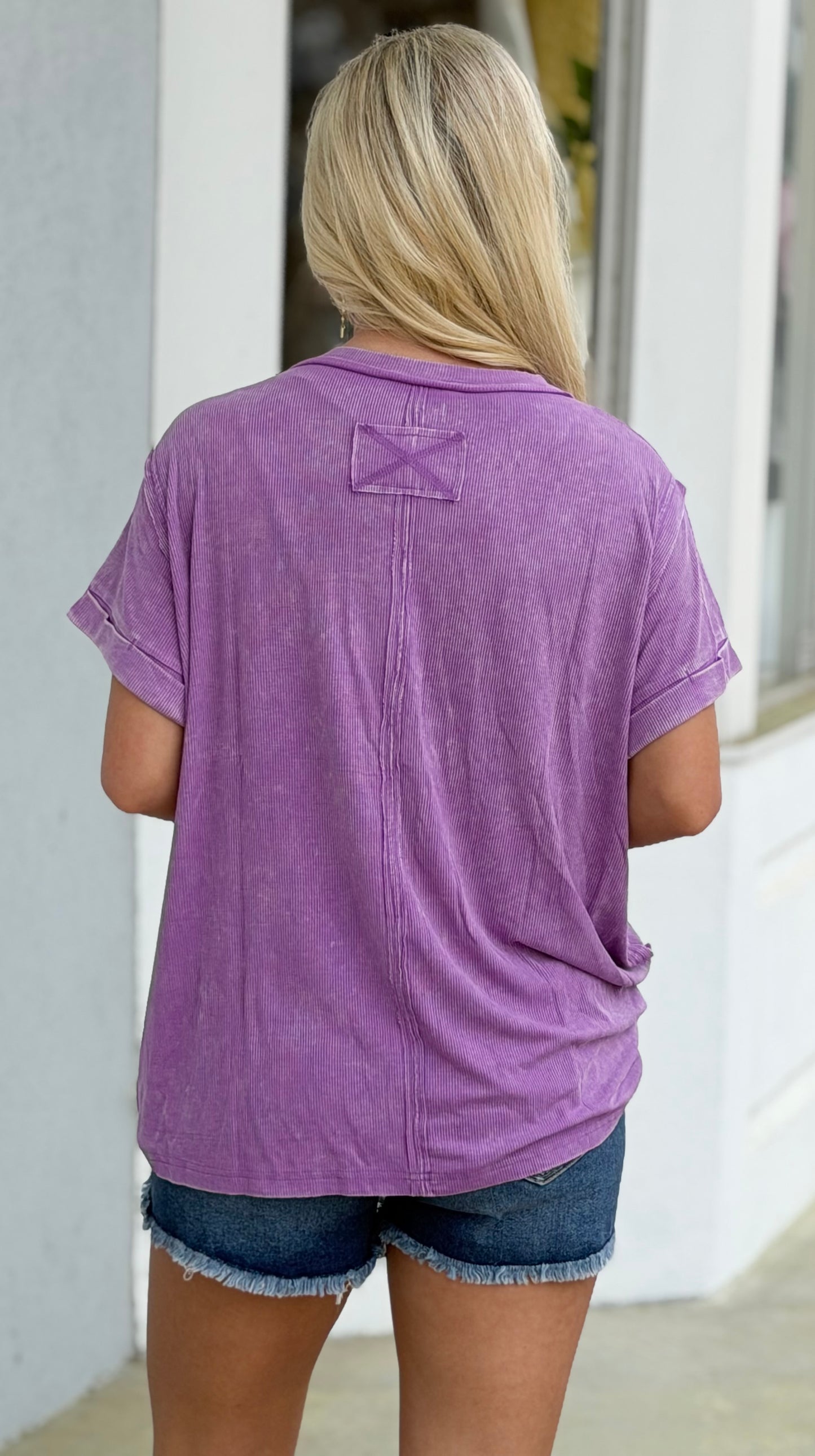 Washed Ribbed Cuffed Round Neck Tee, B Violet