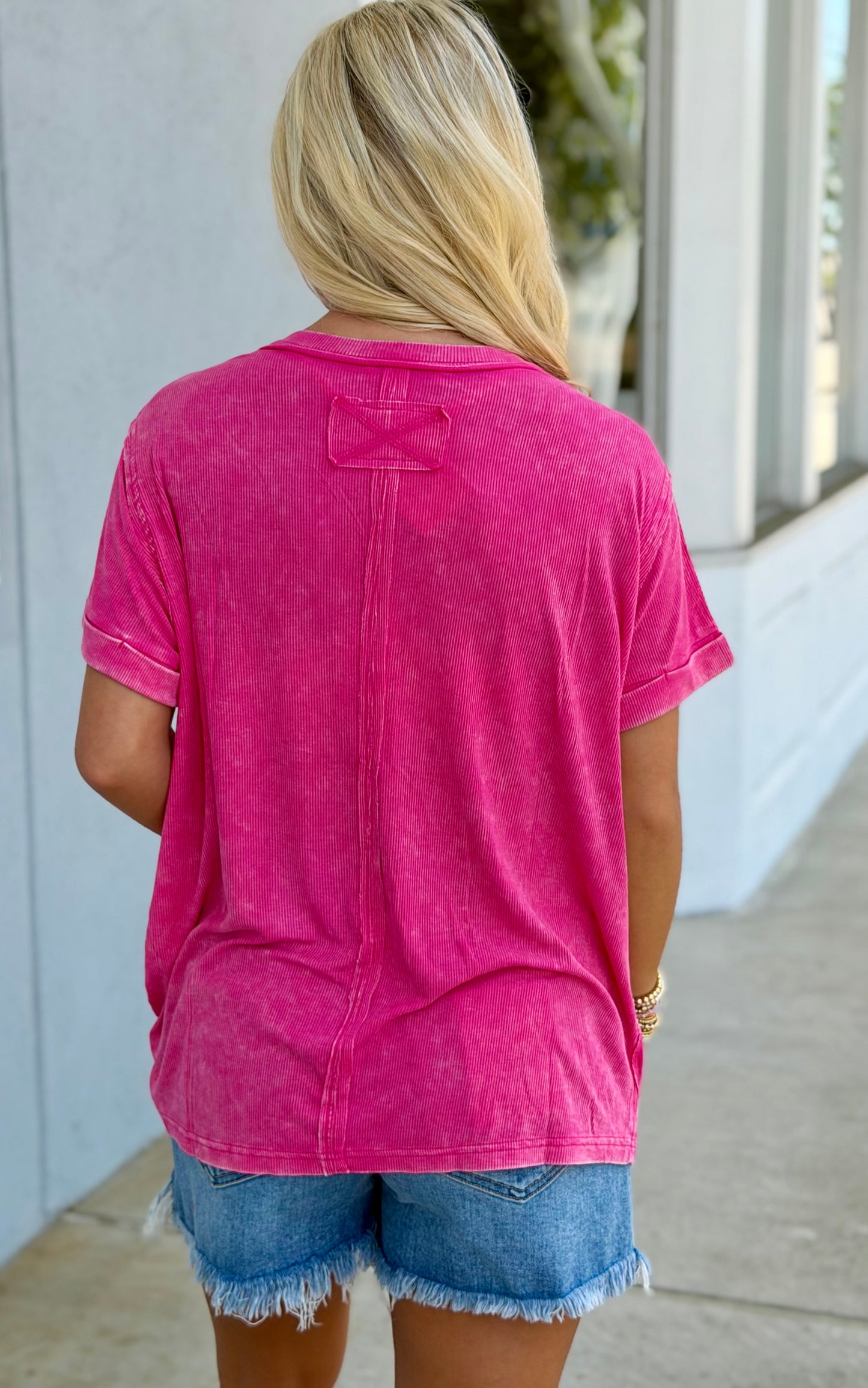 Washed Ribbed Cuffed Round Neck Tee, Hot Pink