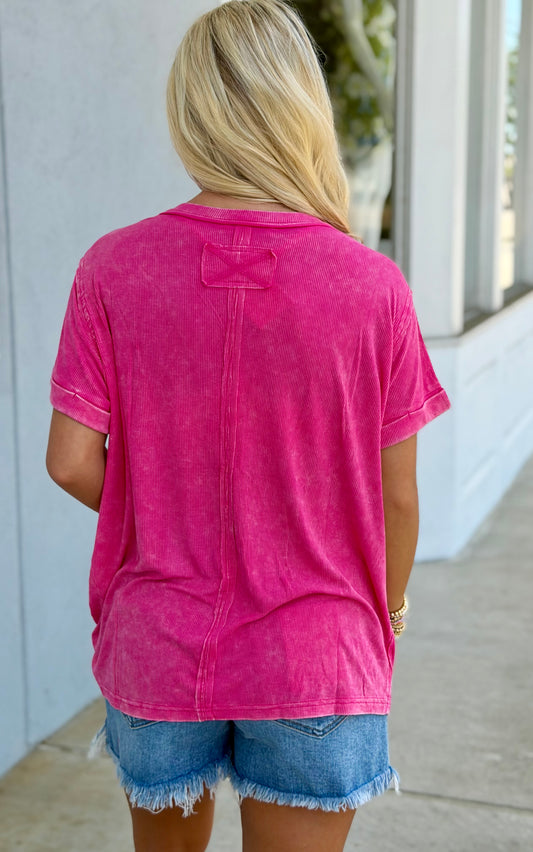 Washed Ribbed Cuffed Round Neck Tee, Hot Pink