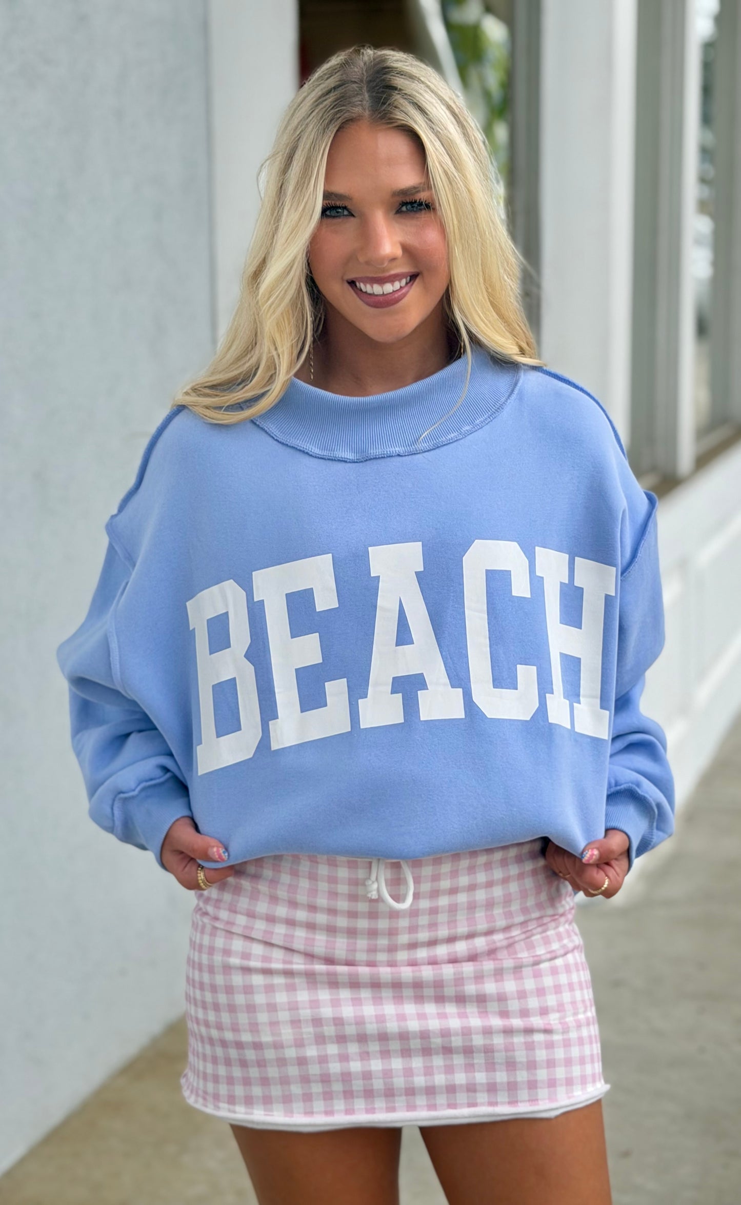 Beach Reversible Mock Neck Crop Sweatshirt-Blue
