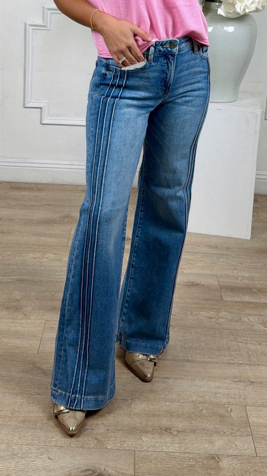 Dark Wash Pintuck Mid Rise Flare