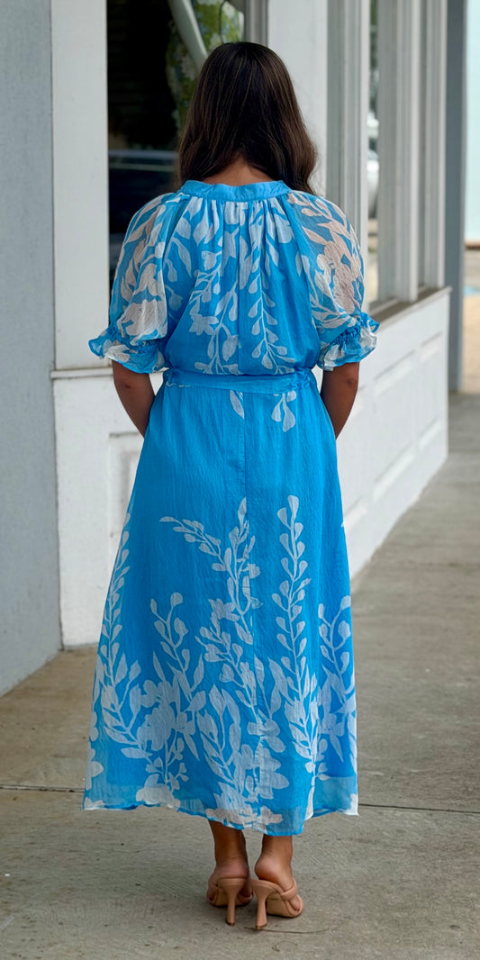 Blue Printed Midi Dress With Tie