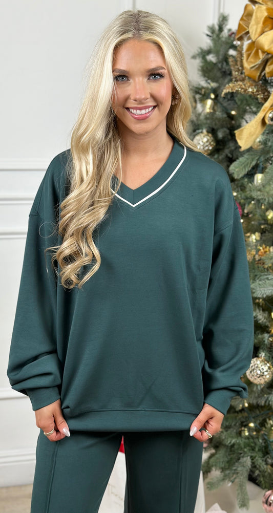 Scuba V Neck Piping Top, Midnight Green/Cream