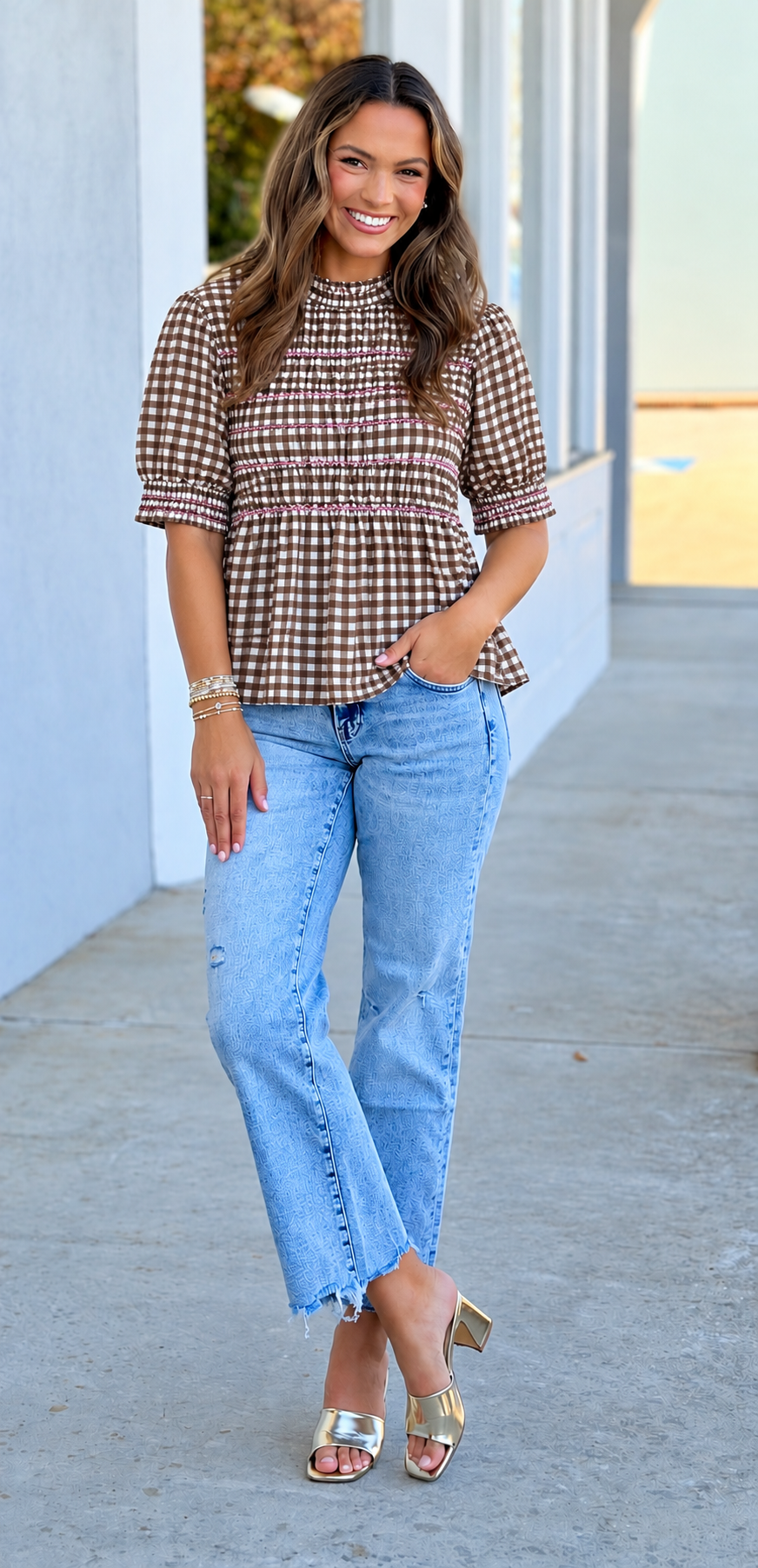 Brown Plaid Smocked Puff Sleeve Top