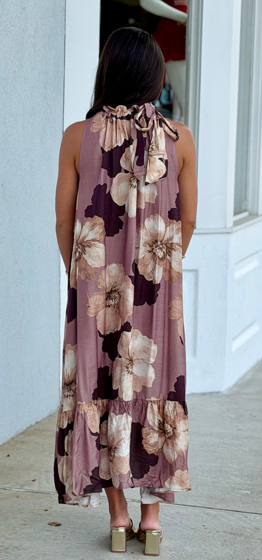 Mauve Floral Midi Dress Neck Tie Dress
