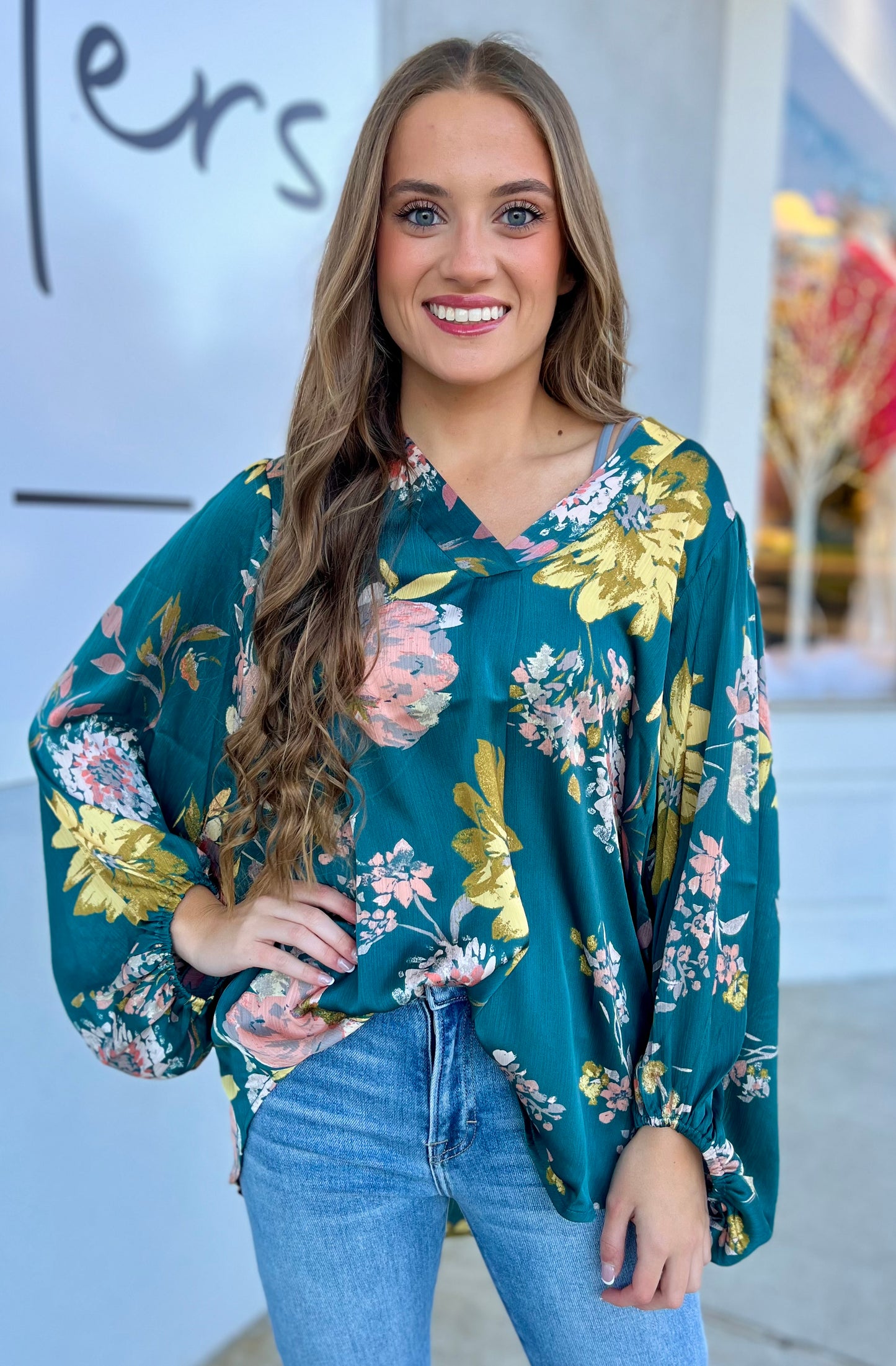 Teal Floral V Neck Blouse