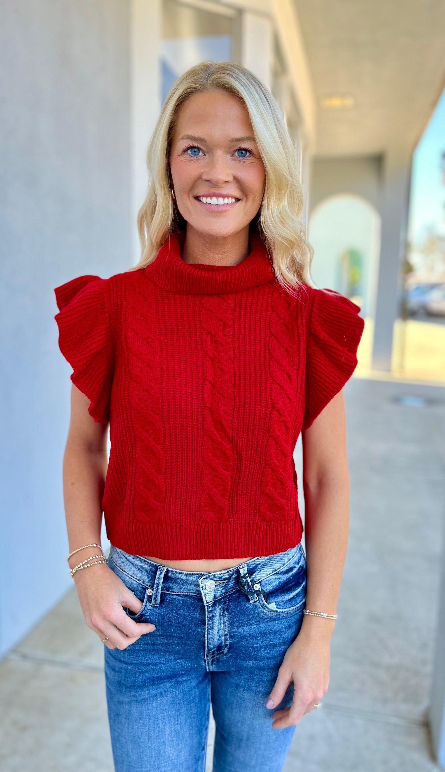 Red Cable Knit Turtleneck Ruffle Sweater