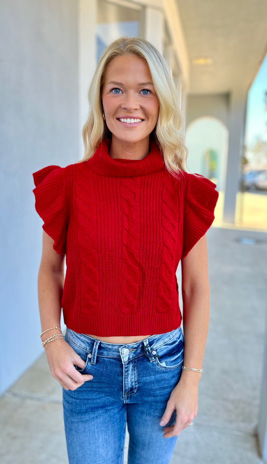 Red Cable Knit Turtleneck Ruffle Sweater