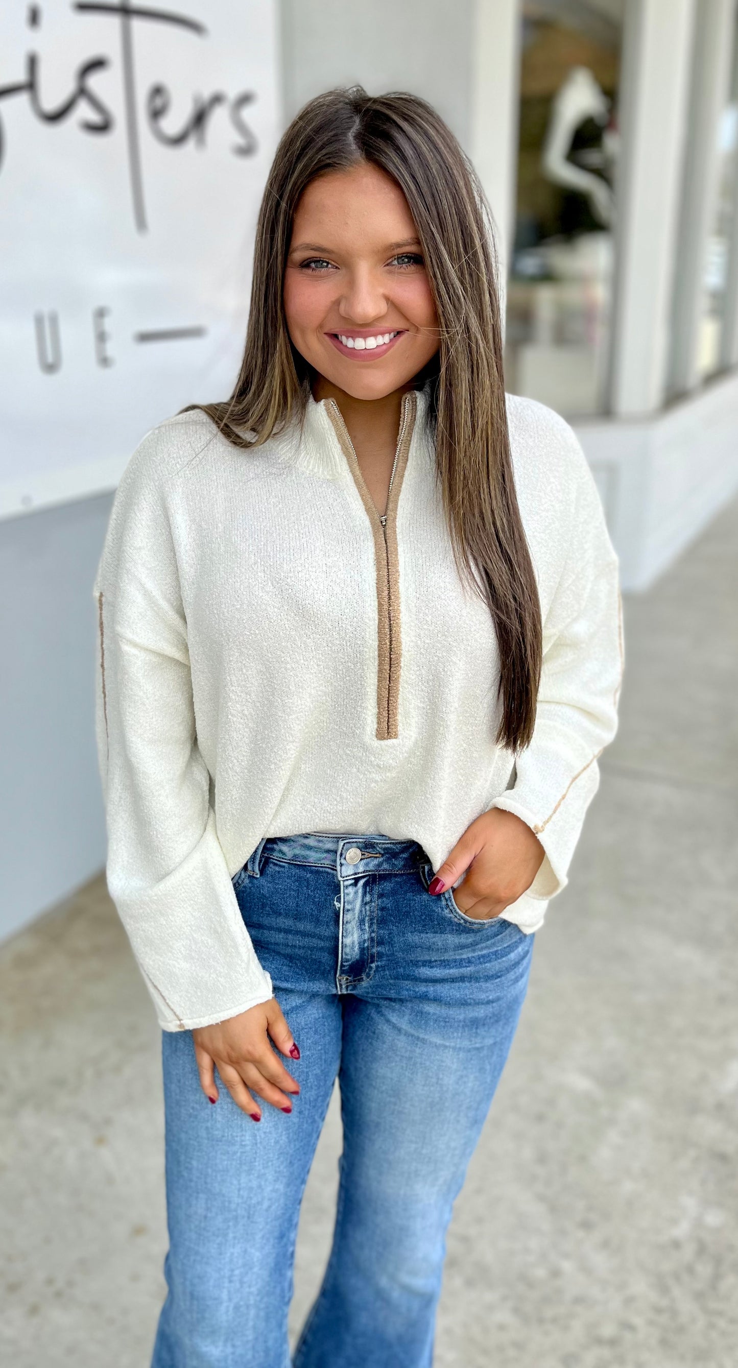 Half Zip Mock Neck Sweater, Cream