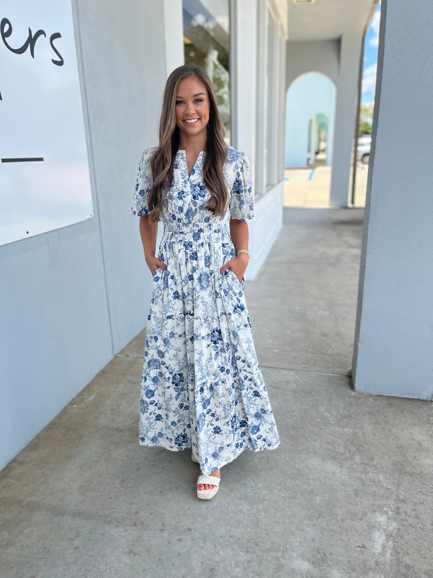Blue Half Sleeve Woven Print Tiered Maxi