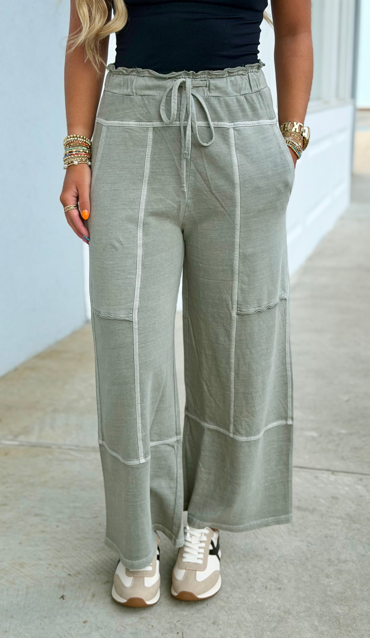 French Terry Washed Wide Leg Pants, Ash Mocha