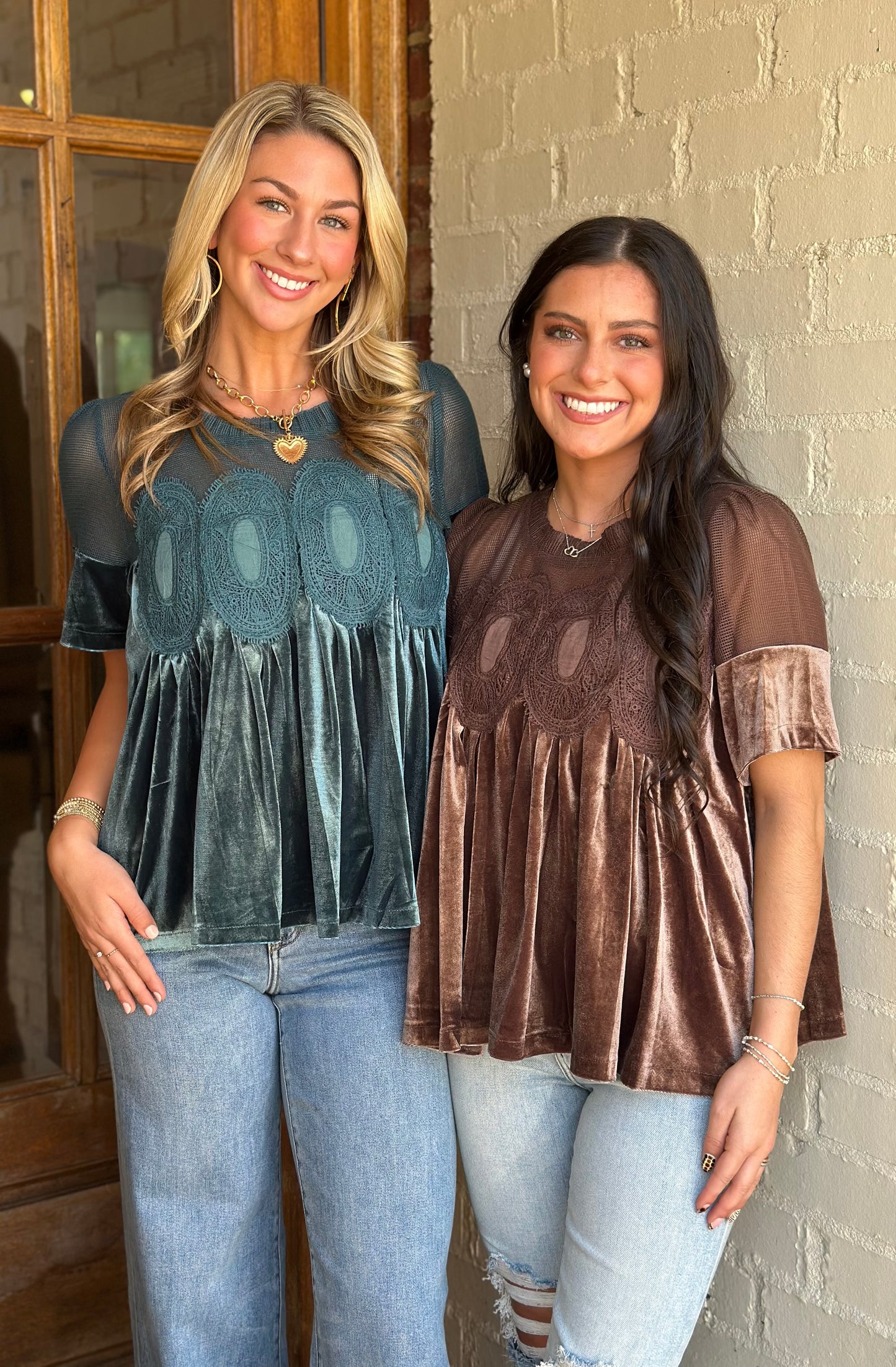 Lace Velvet Babydoll Top, Teal Green