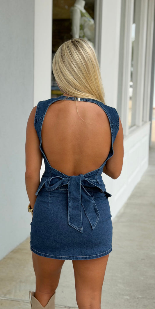 Denim Open Back Top and Front Slit Skort SET
