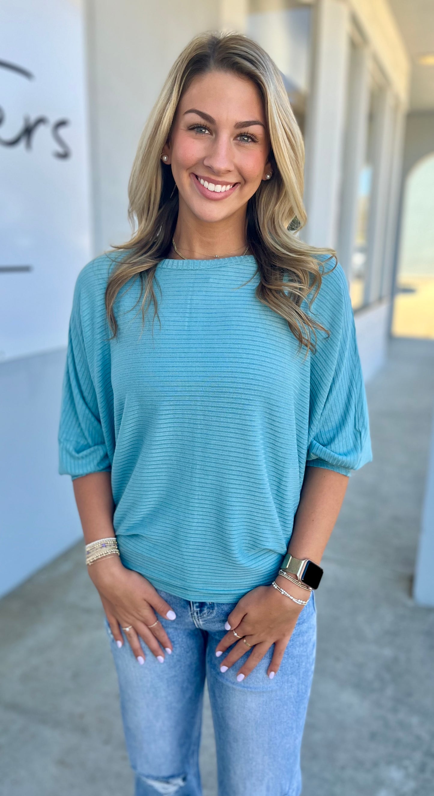 Ribbed Batwing Boat Neck Sweater, Dusty Teal