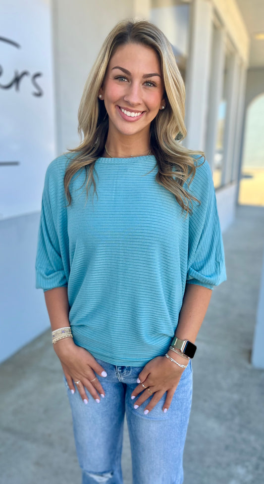 Ribbed Batwing Boat Neck Sweater, Dusty Teal
