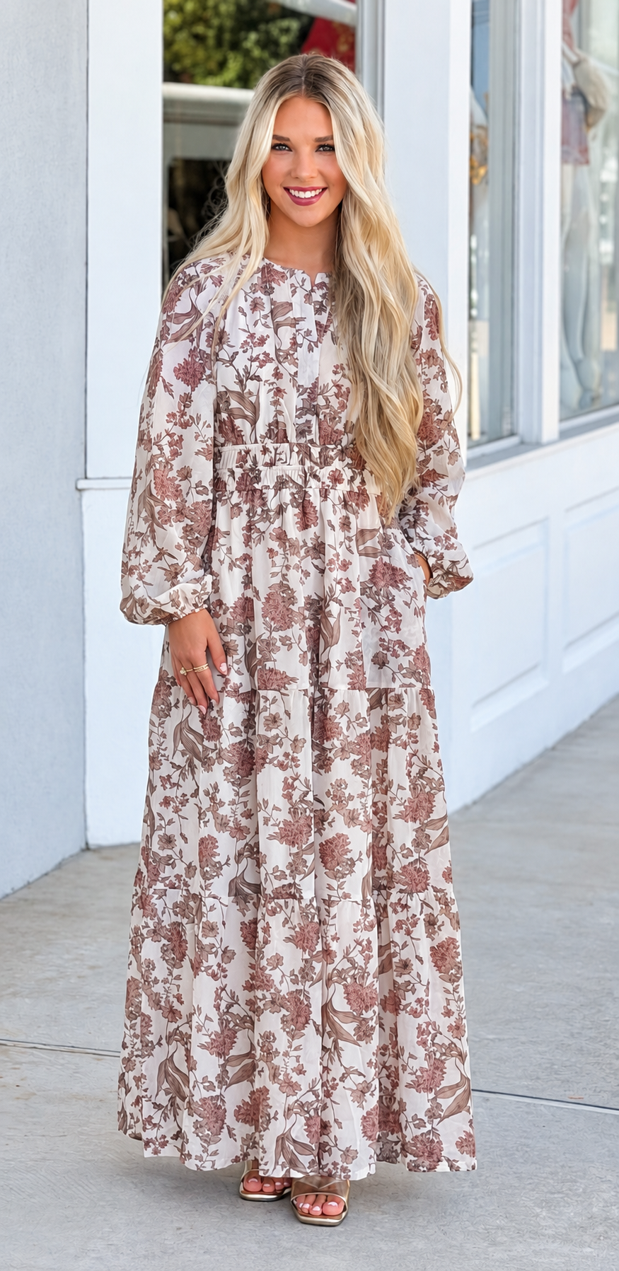 Cream Woven Print Tiered Maxi Dress