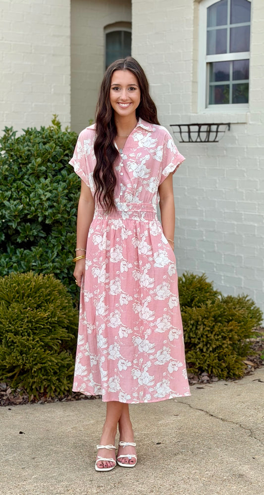 Pink Collared Button Up Midi Dress