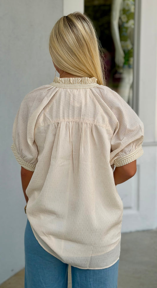 Cream White Chevron Trim Blouse