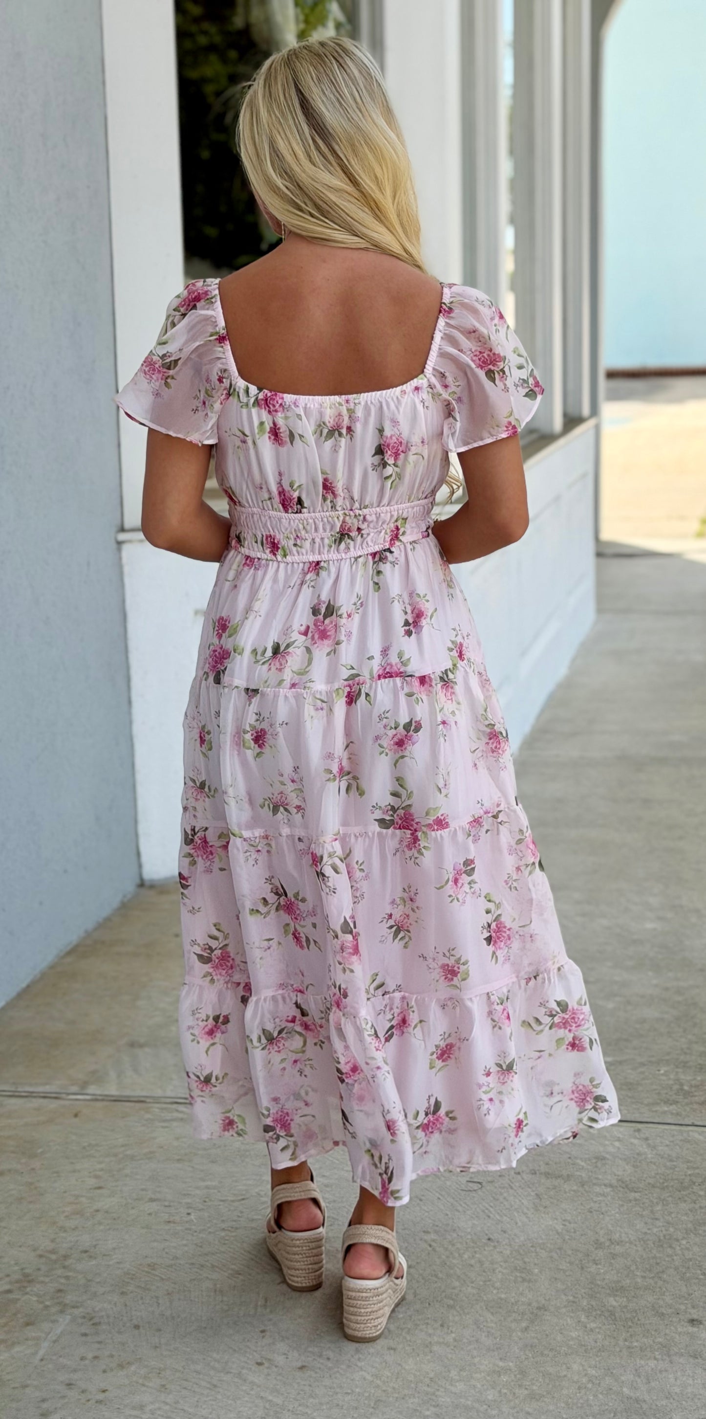 Pink Multi Floral Chiffon Flounce Midi Dress