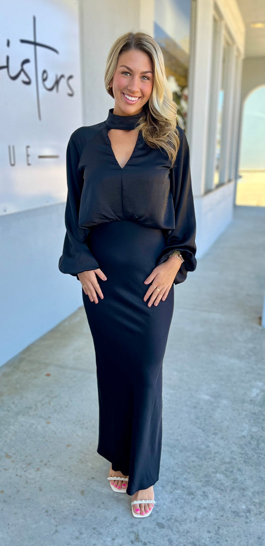 Black Mock Neck V Neck Maxi Dress