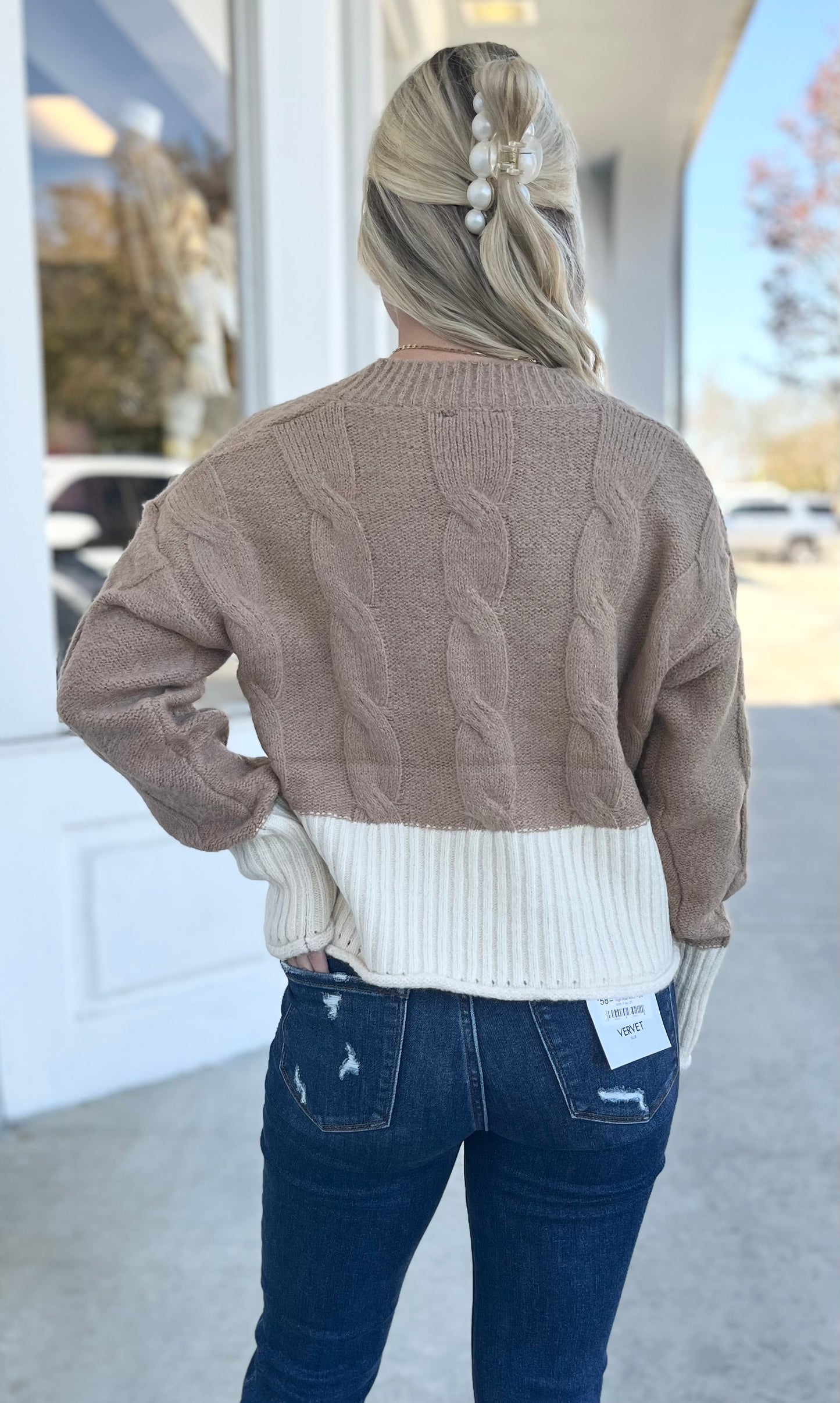 Mocha/Oatmeal Cable Knit Crop Sweater Top