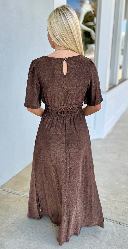 Bell Sleeve Metallic Maxi Dress, Bronze
