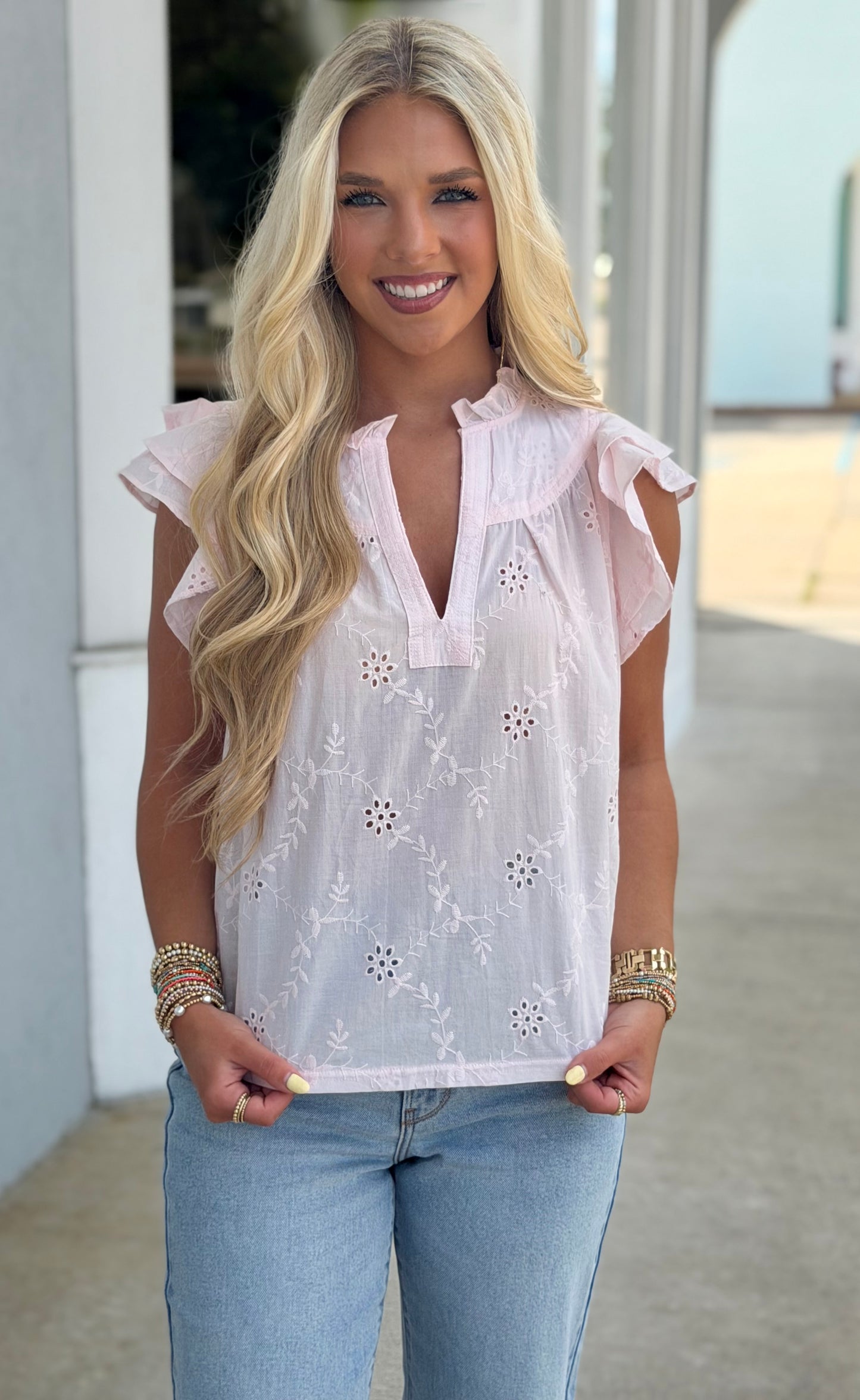 Eyelet Ruffle Sleeve Baby Pink Blouse