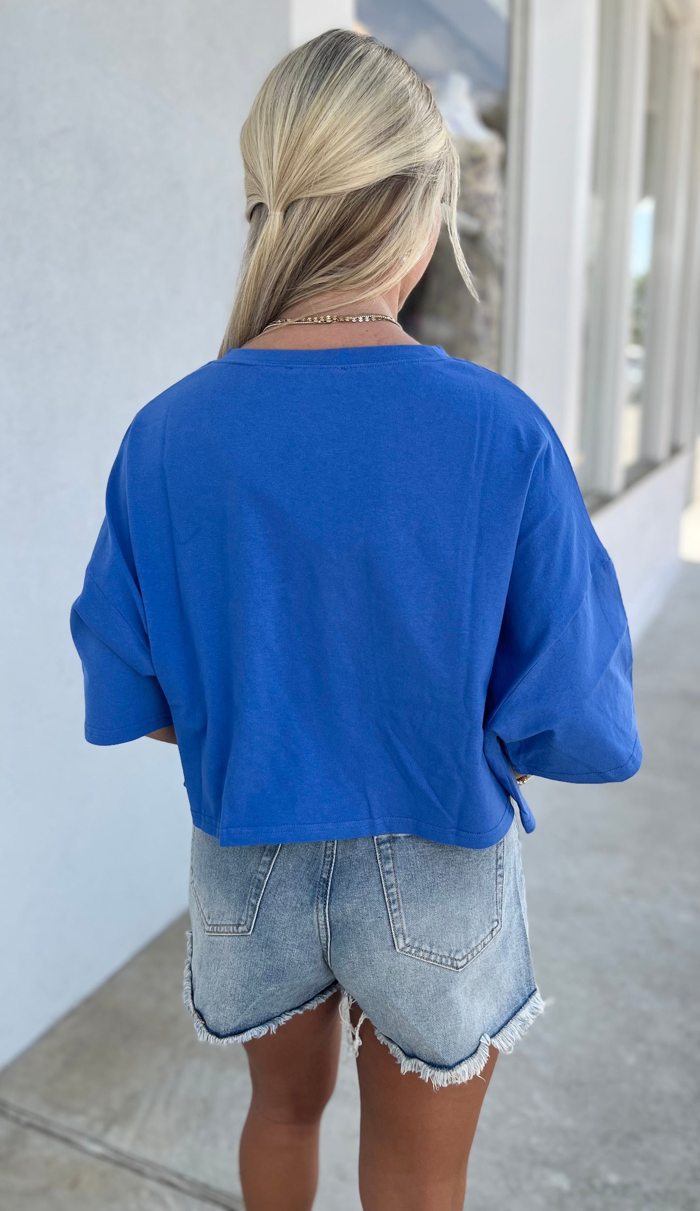 Rhinestone Studded Bow Cotton Tee, Royal