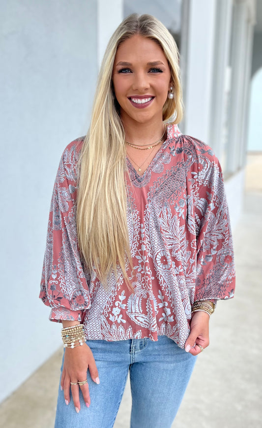 Velvet Printed Top , Dusty Rose