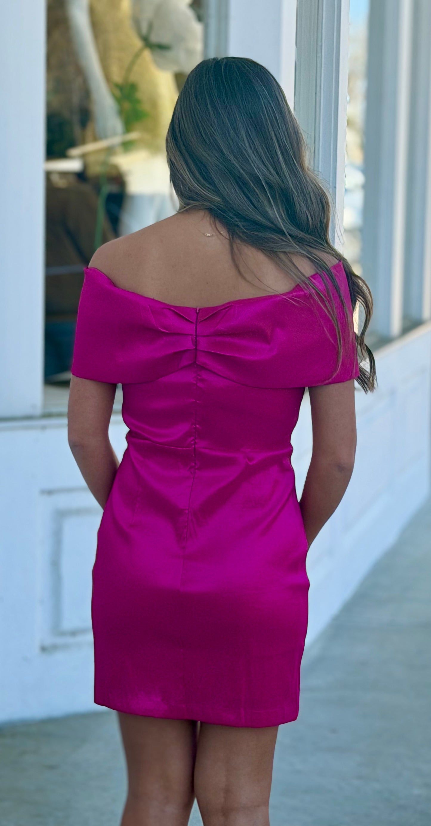 Off the Shoulder Magenta Fold Over Dress