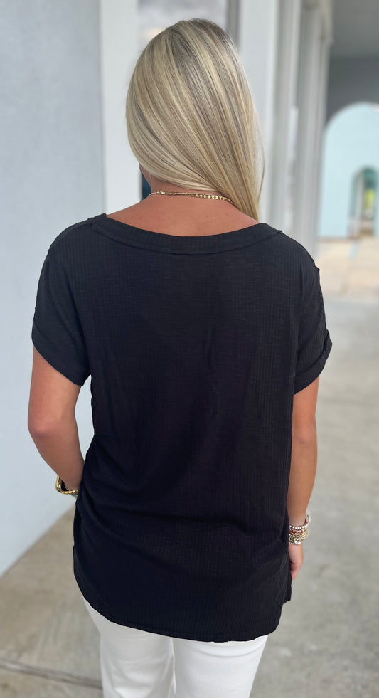V Neck Short Sleeve Solid Basic Top, Black