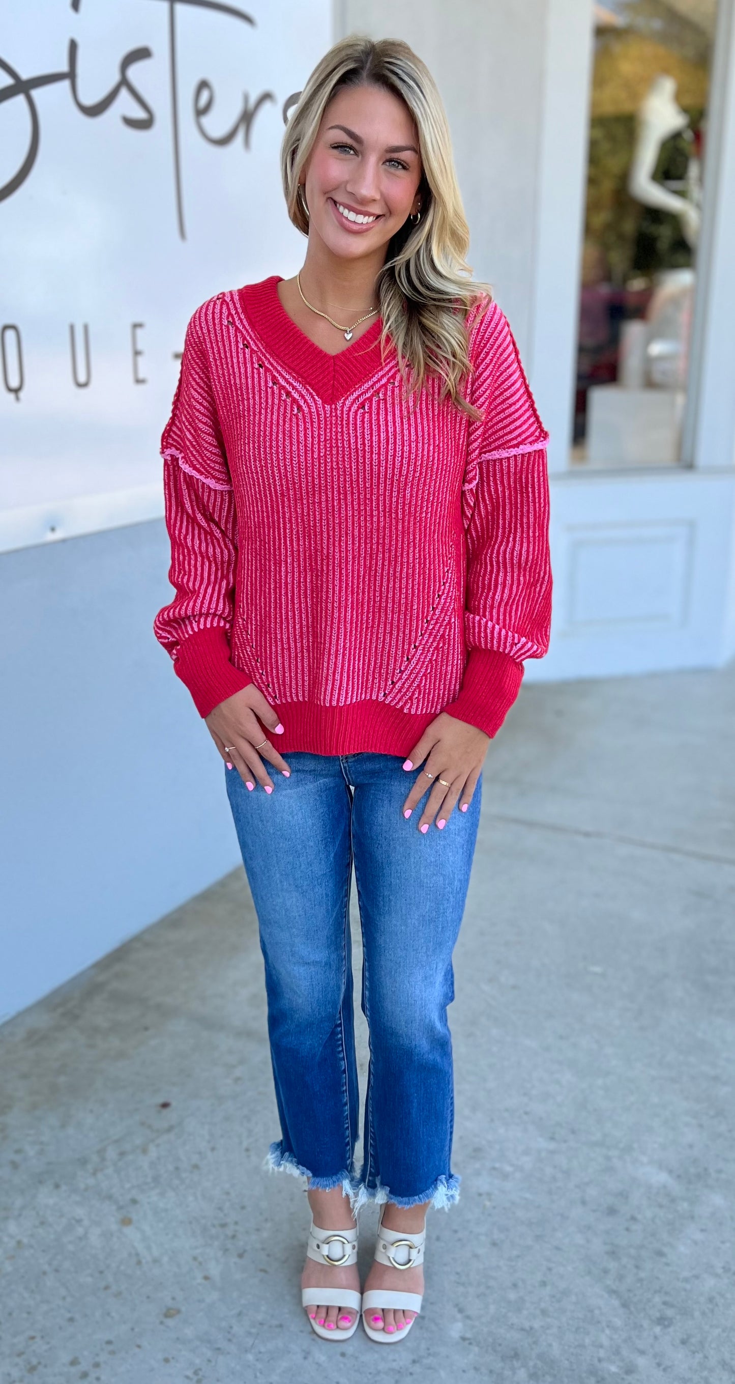 Oversized Two Tone Knit V Neck Sweater, Red