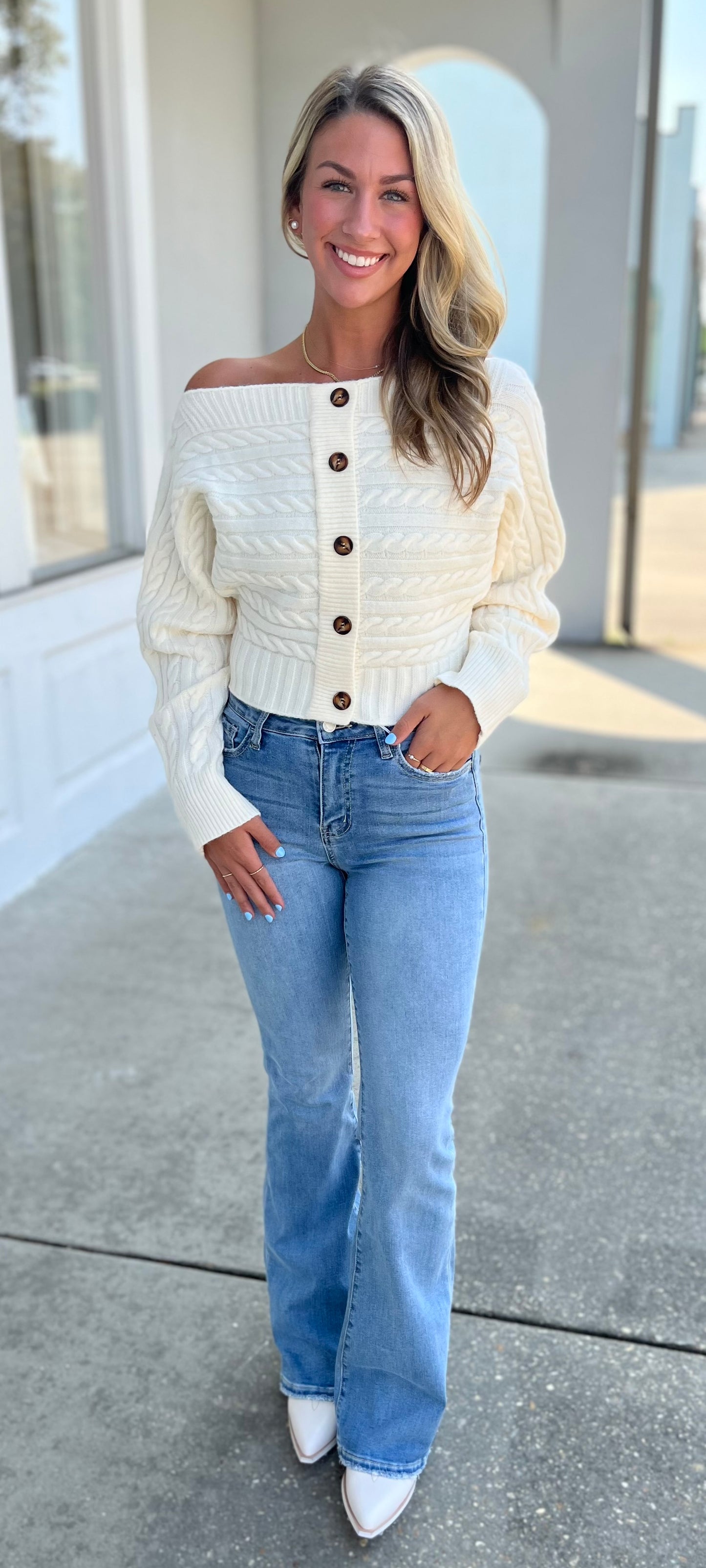 Ivory Off The Shoulder Button Down Sweater