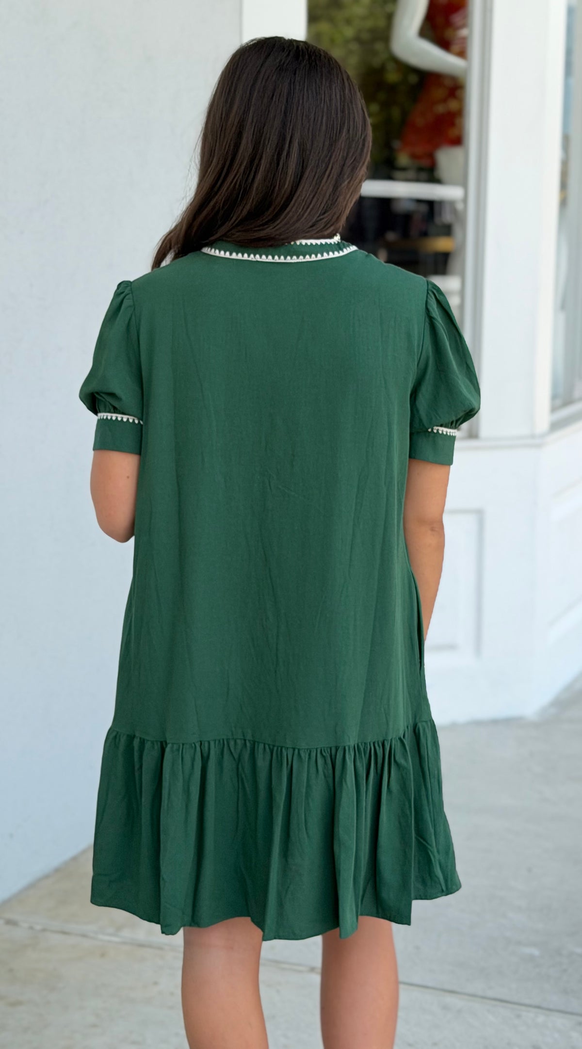Green Puff Sleeve Shift Dress W/ Embroidery Trim Detail