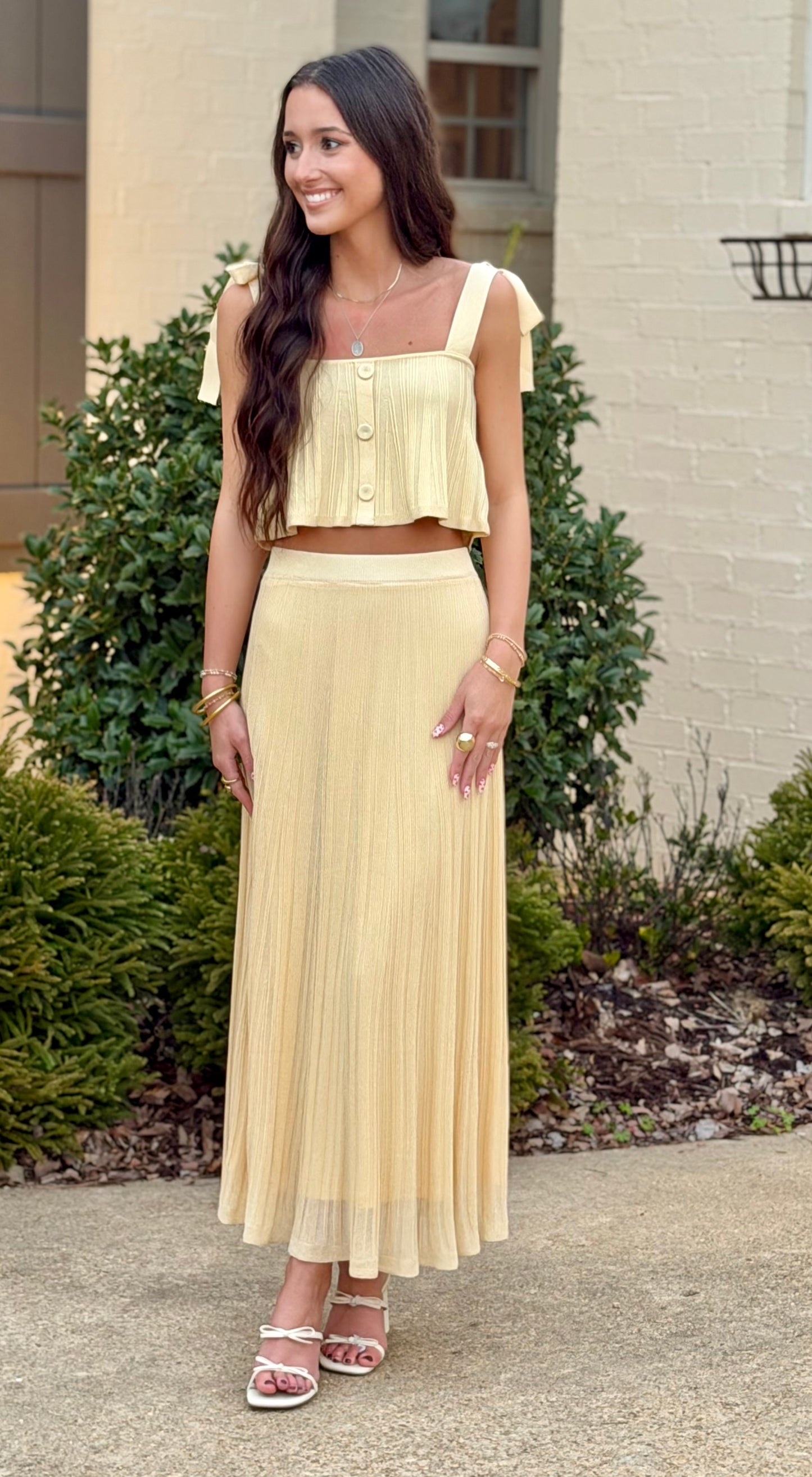 Yellow Pleated Knit Top And Midi Skirt SET