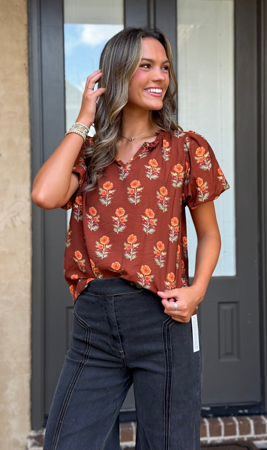 Brown Floral Puff Sleeve Blouse