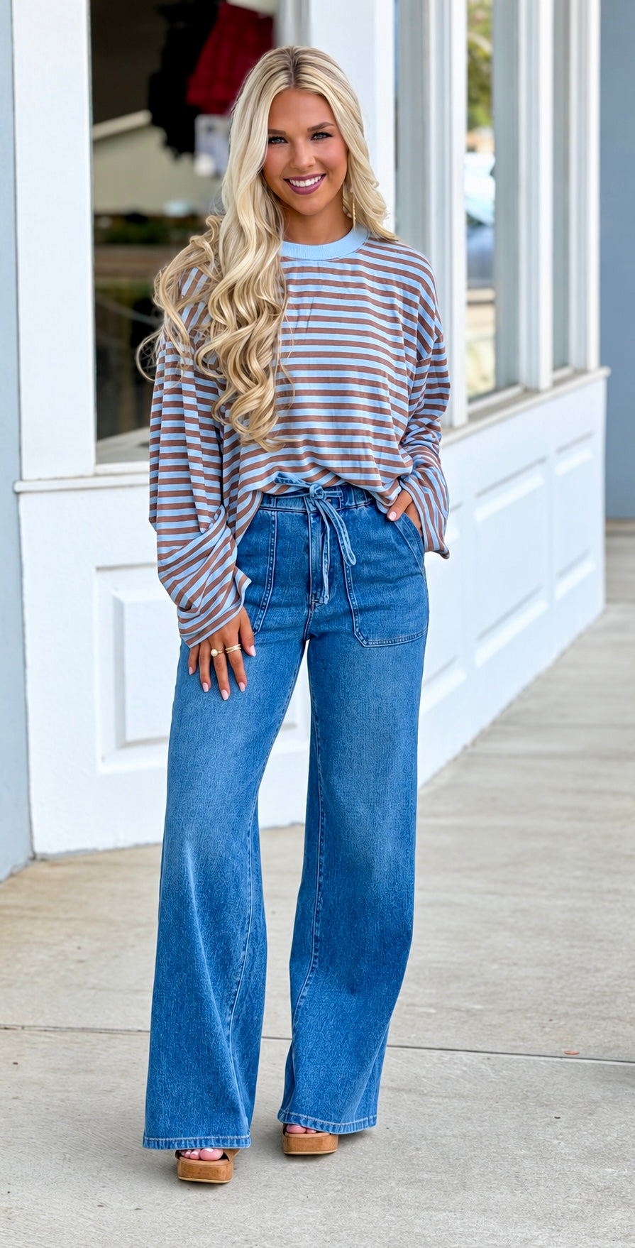 Striped Knit Long Sleeve Top, Blue/Brown