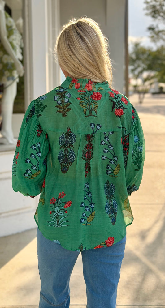 Printed Top 3/4 Gathered Balloon Sleeve, Green