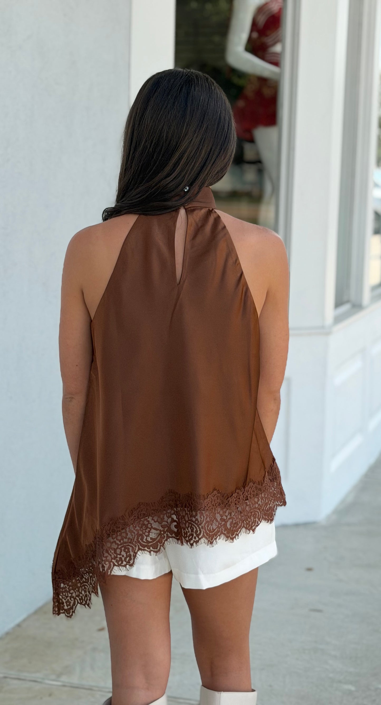 Brown Satin High Neck Halter Top w/ Lace Detail