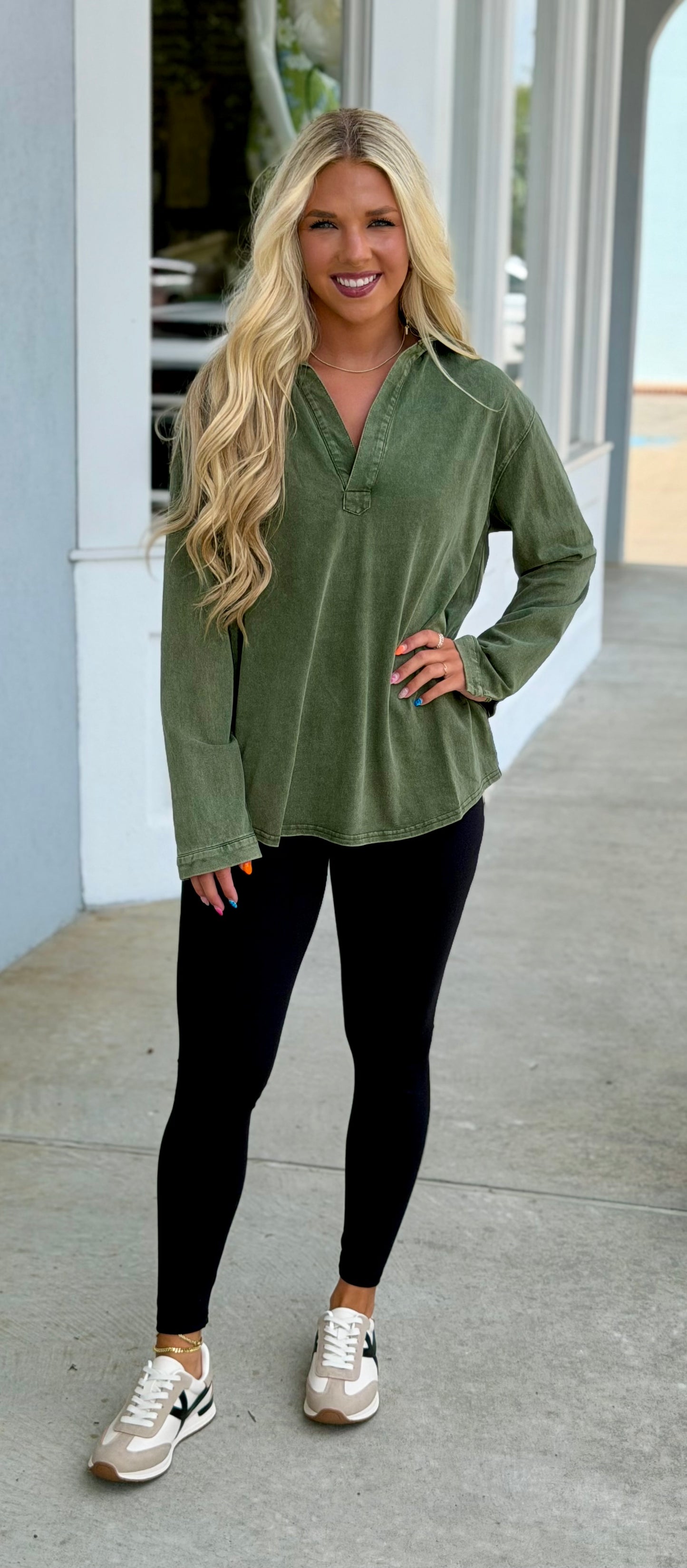 Mineral Washed Knit Collar Top, Olive