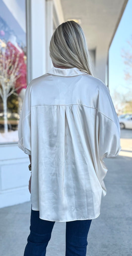 Ivory Satin Button Down Shirt