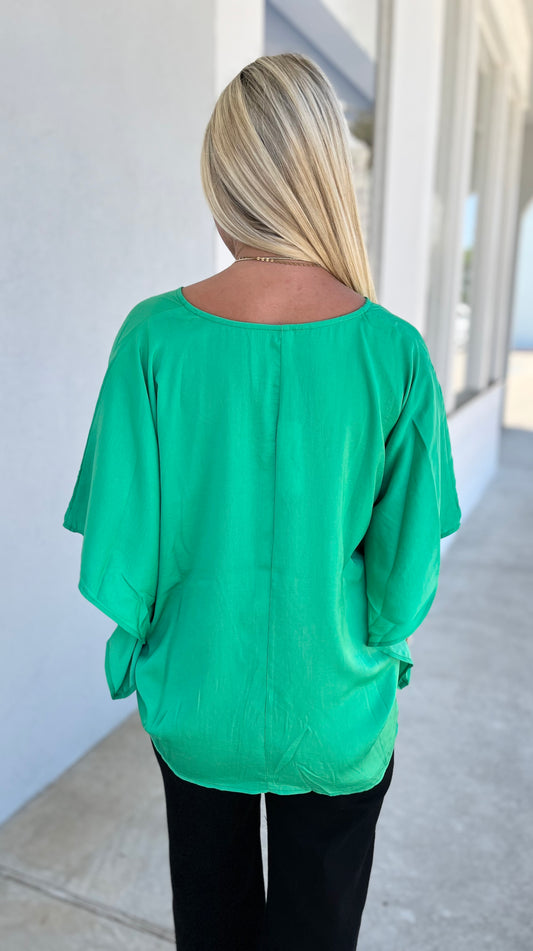 V Neck Kimono Sleeve Top , Green