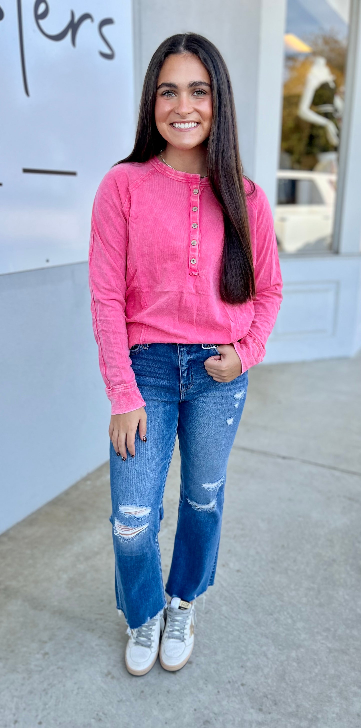 Washed Button Henley Top, Fuchsia